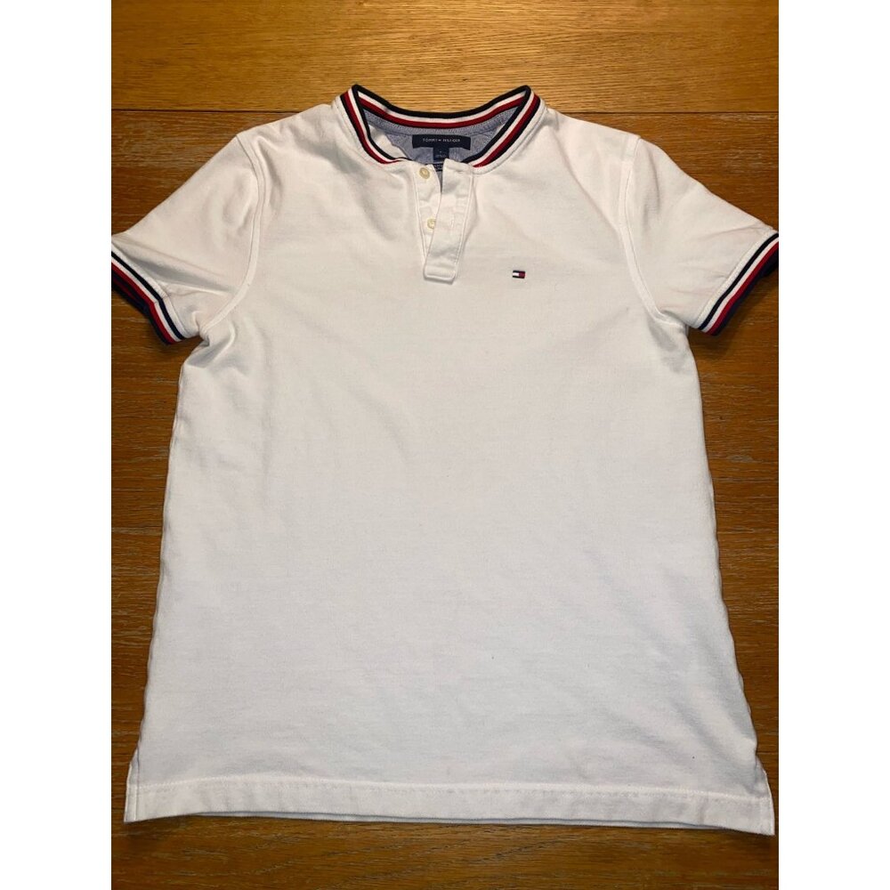 Tommy Hilfiger Mens White Polo Shirt With Striped Collar & Sleeves
